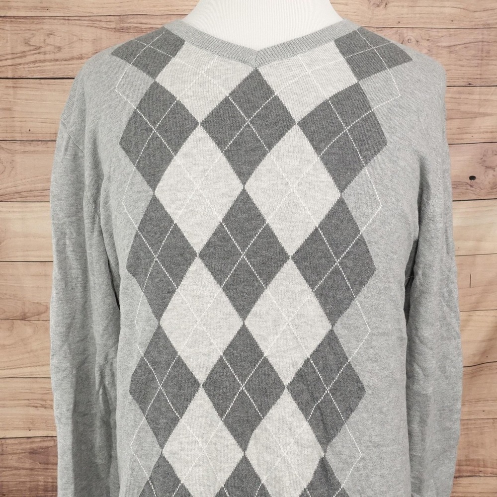 Claiborne Sweater Mens XL Gray V Neck Argyle Cotton Pullover Knit Long Sleeve
